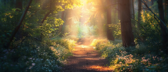 A forest path with sunlight shining through the trees