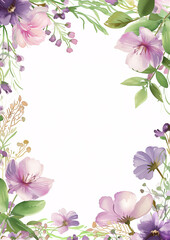 watercolor botanical flowers frame background with free space for invite or wedding card