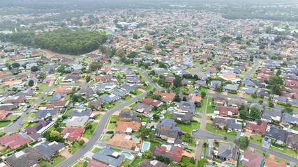 Drone aerial photograph of residential houses and surroundings in the greater Sydney suburb of Glenmore Park in New South Wales in Australia