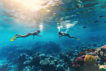 Fototapeta na wymiar Couple Snorkeling Together Exploring Vibrant Coral Reef Under Crystal Clear Water
