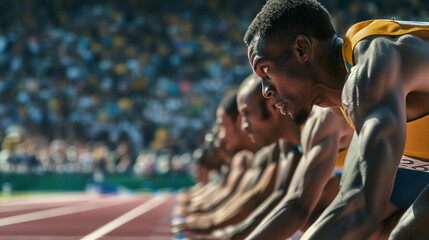 Olympic runners at the starting blocks in a stadium, Intense focus before the gunshot, Crowded stands in the background, The spirit of competition and global unity - obrazy, fototapety, plakaty