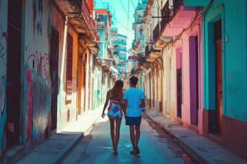  Young Couple Walking Hand in Hand through a Colorful Historical Urban Alley