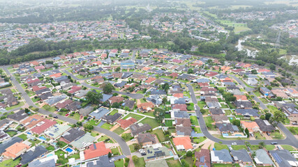 Drone aerial photograph of residential houses and surroundings in the greater Sydney suburb of Glenmore Park in New South Wales in Australia