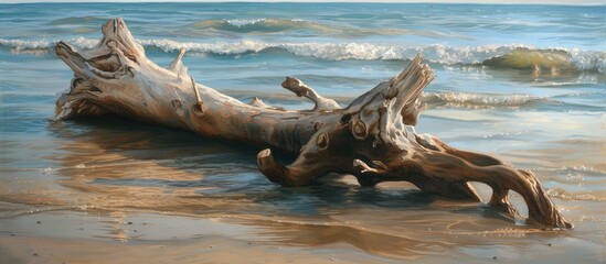 A piece of driftwood is lying on a sandy beach as waves come in from the ocean in the background. The driftwood is weathered and worn, contrasting with the movement of the water. - obrazy, fototapety, plakaty