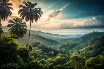 Deep tropical forest in the morning realistic photography generative ai photo.
