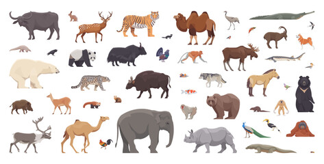 Flat set of asian animals. Isolated animals on white background. Vector illustration