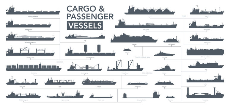 Cargo and passenger vessels icon set. Cargo and passenger ships silhouette on white. Vector illustration