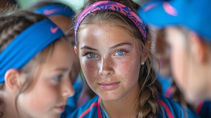 An image of a middle school softball team huddled on a baseball diamond