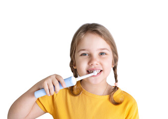 Caucasian child girl with toothbrush cleaning her teeth isolated on white.Dental care.