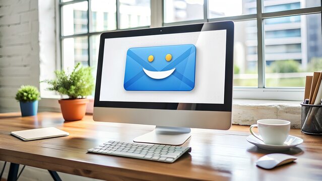 Efficiency in Action: Digital Illustration of Customer Service Excellence with a Smiling Email Icon Reflecting Responsive Admin Support and Creative Design