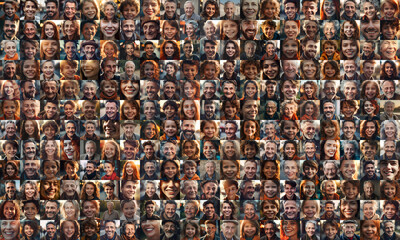 collage of European people smiling, collage of portrait, grid of 240 cheerful faces, group photo
