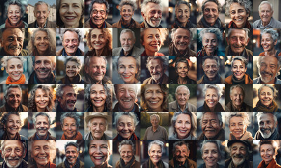 collage of European senior men and women smiling, collage of portrait, grid of 60 cheerful faces, group photo - Powered by Adobe