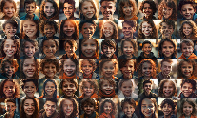 collage of European young boys and girls smiling, collage of portrait, grid of 60 cheerful faces, group photo