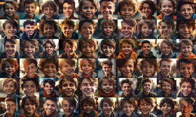 collage of European young boys smiling, collage of portrait, grid of 60 cheerful faces, group photo