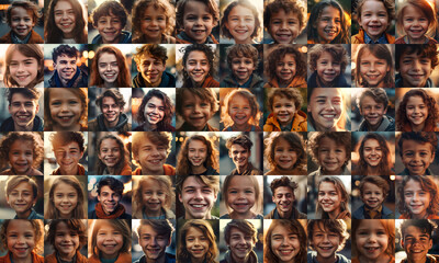 collage of European young boys and girls smiling, collage of portrait, grid of 60 cheerful faces, group photo - obrazy, fototapety, plakaty