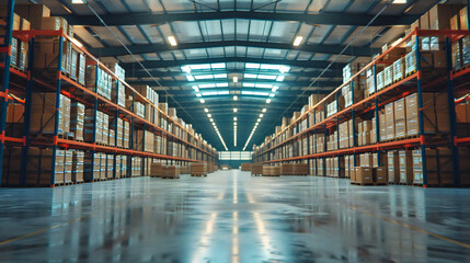 Industrial Storage Solutions: Large Warehouse with Stacked Shelves, Goods Ready for Shipping and Distribution