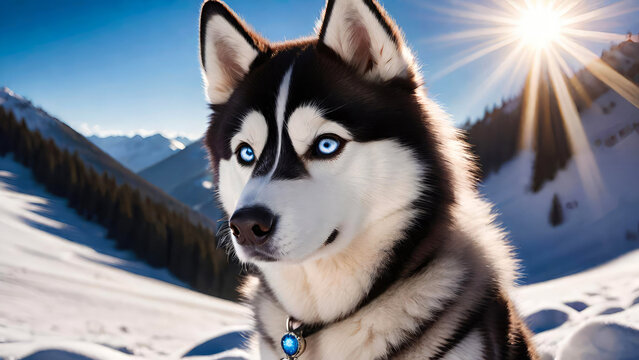 Siberian husky with blue eyes on blurred snowy landscape background at sunny day.Dog breeds concept.Generative AI