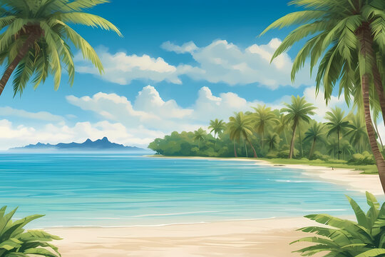  a sandy tropical beach with crystal-clear turquoise waters gently lapping against the shore, framed by lush palm trees, with a distant island silhouetted against the horizon, generative ai