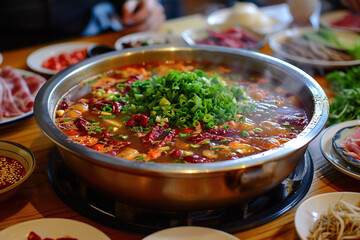 A plate of hot pot, one of the most popular dishes in China, especially in Sichuan Province 