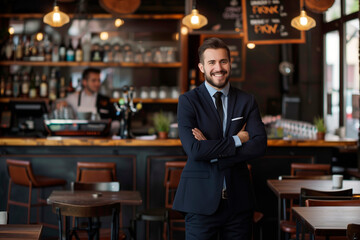 smiling businessman in front of a restaurant bar