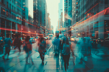 people walk around in a busy street in the city - obrazy, fototapety, plakaty