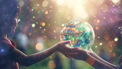 International day of peace concept, african children holding earth globe, group of multiracial children holding planet earth planet earth over defocused garden background.