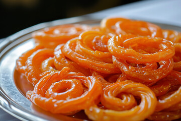 A plate of jalebi, a sweet popular in the Indian subcontinent and regions with South Asian diaspora. 