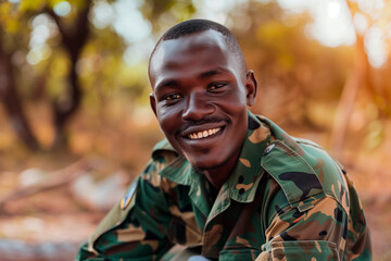 smiling man in camouflage is posing for a photo