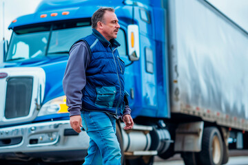 truck driver in vest and jeans walking near a truck