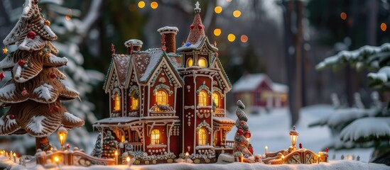 A brightly lit gingerbread house with a tower stands prominently in a festive Christmas scene, surrounded by snow and twinkling lights. The house exudes warmth and holiday cheer.