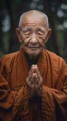 Elderly Chinese Monk in Traditional Robes: Wisdom of Eight Decades