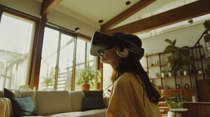 Obraz na płótnie Canvas person wearing VR headset in a modern living room