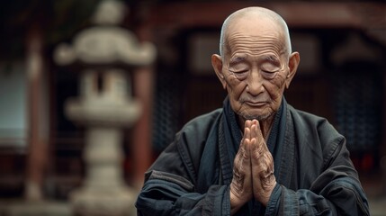 Elderly Chinese Monk in Traditional Robes: Wisdom of Eight Decades - obrazy, fototapety, plakaty