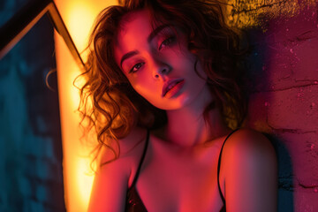 Sultry Portrait of a Young Woman in Neon Light Ambiance