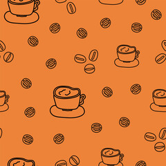 Seamless pattern on a coffee theme with a cup and coffee beans in doodle style on an orange background