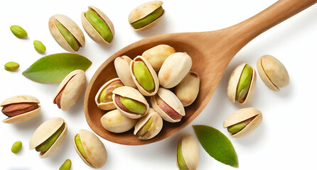pistachio nuts with shell in the wooden spoon, isolated on the white background, top view 