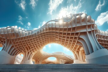 Obraz premium Contemporary modern symmetrical structure of metropole parasol roof in square with historical buildings under sunny sky on summer day