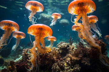 Fototapeta na wymiar Jellyfish in the sea photography generative ai photo. 
