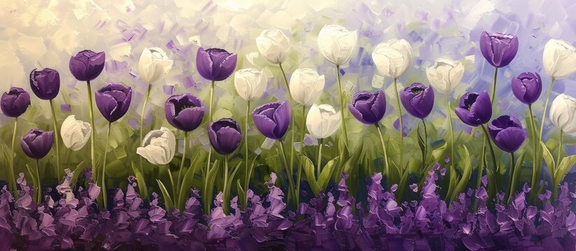 This painting depicts a field filled with stunning purple and white tulips in full bloom. The vibrant colors of the tulips contrast beautifully against the green grass, creating a visually striking