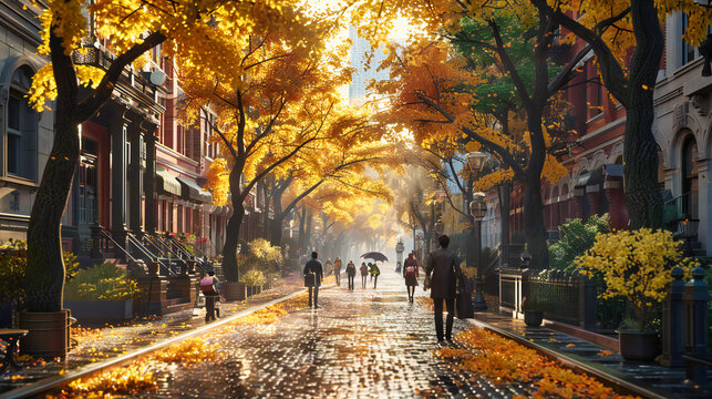 Autumn Alley Stroll: Vibrant Fall Colors on Trees Lining a Path in the City