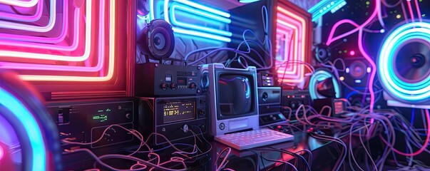 Psychedelic tech abstract, featuring swirls of neon wires, vintage radios, and surreal computer setups