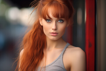 Portrait of young pretty redhead girl at outdoors