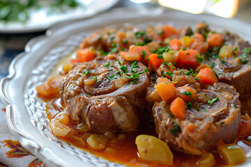 A plate of ossobuco alla milanese, a classic Milanese dish made with veal shanks braised with vegetables, white wine, and broth.
