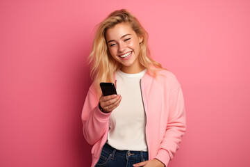 Young pretty blonde girl over isolated colorful background using mobile phone