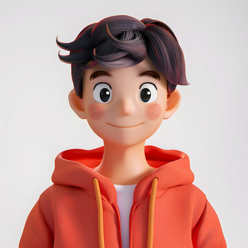 Bright portrait of cute smiling kawaii positive excited funny сasual asian brunette guy with dots eyes, fashion clothes, red hoodie. Teen character avatar minimal style. 3d render isolated transparent