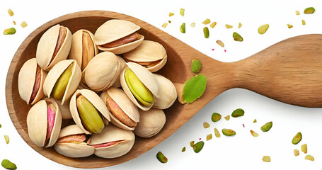 pistachio nuts with shell in the wooden spoon, isolated on the white background, top view - obrazy, fototapety, plakaty