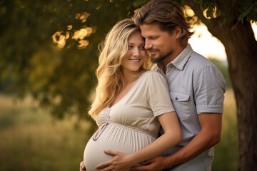 Fototapeta premium Young couple at outdoors Pregnant