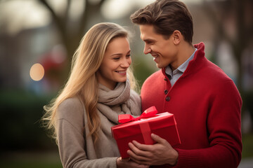 Young couple at outdoors holding a gift