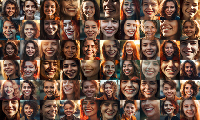collage of European adult women smiling, collage of portrait, grid of 60 cheerful faces, group photo