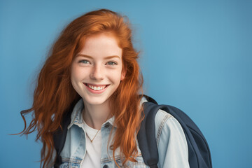 Young pretty Redhead girl over colorful background with a student backpack - 749553599